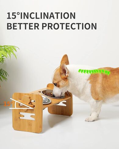 Toozey Elevated Dog Bowls for Small Dogs and Cats, 6 Adjustable Heights Raised Dog Bowl, Elevated Dog Bowl Stand with 3 Stainless Steel Dog Food and Water Bowls, 15° Tilted Bamboo Elevated Cat Bowls in Saudi Arabia