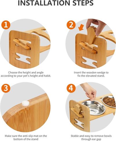 Toozey Elevated Dog Bowls for Small Dogs and Cats, 6 Adjustable Heights Raised Dog Bowl, Elevated Dog Bowl Stand with 3 Stainless Steel Dog Food and Water Bowls, 15° Tilted Bamboo Elevated Cat Bowls in Saudi Arabia