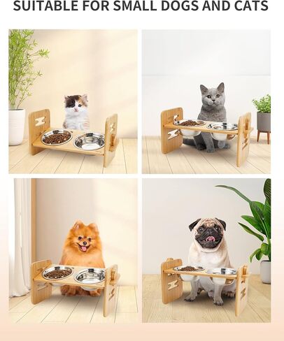 Toozey Elevated Dog Bowls for Small Dogs and Cats, 6 Adjustable Heights Raised Dog Bowl, Elevated Dog Bowl Stand with 3 Stainless Steel Dog Food and Water Bowls, 15° Tilted Bamboo Elevated Cat Bowls in Saudi Arabia