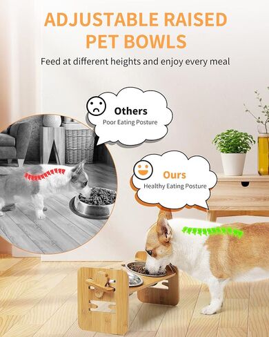 Toozey Elevated Dog Bowls for Small Dogs and Cats, 6 Adjustable Heights Raised Dog Bowl, Elevated Dog Bowl Stand with 3 Stainless Steel Dog Food and Water Bowls, 15° Tilted Bamboo Elevated Cat Bowls in Saudi Arabia