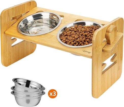 Toozey Elevated Dog Bowls for Small Dogs and Cats, 6 Adjustable Heights Raised Dog Bowl, Elevated Dog Bowl Stand with 3 Stainless Steel Dog Food and Water Bowls, 15° Tilted Bamboo Elevated Cat Bowls in Saudi Arabia