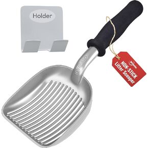 iPrimio Cat Litter Scoop Metal w/ Deep Shovel, Black - Non Stick Plated Aluminum Cat Litter Scooper with Holder - Litter Box Scooper - Metal Cat Litter Scoop - Patented Sifter w/ Holder - Solid Handle