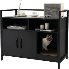 Giantex Cat Litter Box Enclosure - Cat Washroom Hidden Furniture with Front Entry, Cat Scratcher, 2-Door Storage Cabinet, 2 Compartments, Air Vents, Metal Frame, Wooden Pet Crate House (Black) in Saudi Arabia