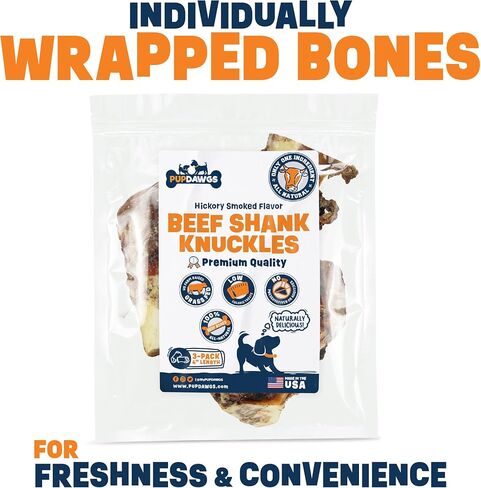 Dog-Bones-for-Aggressive-Chewers | Hickory Smoked Flavor 4" Beef Shank Knuckles | Dog-Bones-for-Medium-Dog | All Natural Dog Bone Treats Made in The USA - Individually Wrapped (3 Piece Pack) in Kuwait