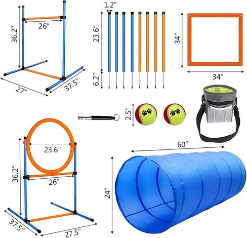 Dog Agility Training Equipment, 60-Piece Dog Obstacle Course Training Starter Kit Pet Outdoor Game with Tunnel, Agility Hurdle, Weave Poles, Jump Ring, Pause Box, Toy Balls and Storage Bag in Saudi Arabia