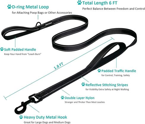 Heavy Duty Dog Leash - 2 Handles by Padded Traffic Handle for Extra Control, 6foot Long - Perfect for Medium to Large Dogs (6 ft, Black) in Saudi Arabia