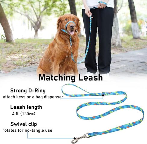 BARKLESS Dog Head Collar, Anti-Pulling Printed Head Halter with Leash, Gentle Snout Harness with Adjustable Clip for Small Medium, and Large Dogs, Perfect for Training Leash-Reactive Pullers in Saudi Arabia