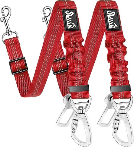 SlowTon Dog Seatbelt, 2 Pack Dog Seat Belt Car Leash Adjustable Elastic Bungee Buffer Heavy Duty Nylon Reflective Pet Safety Tether Connect to Dog Harness for Travel Riding in Vehicle (Daul Clip, B) in Kuwait