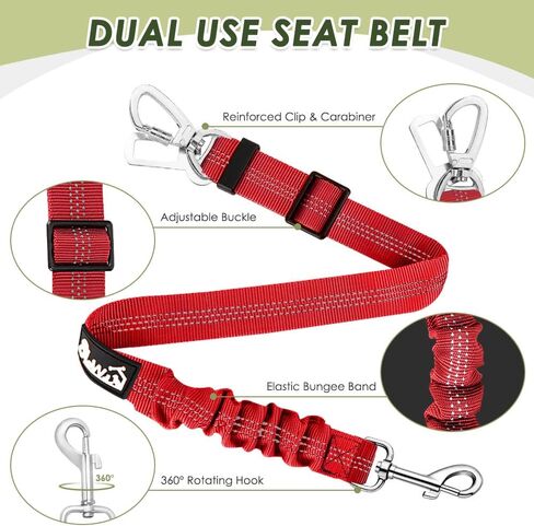 SlowTon Dog Seatbelt, 2 Pack Dog Seat Belt Car Leash Adjustable Elastic Bungee Buffer Heavy Duty Nylon Reflective Pet Safety Tether Connect to Dog Harness for Travel Riding in Vehicle (Daul Clip, B) in Kuwait
