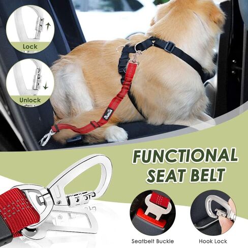SlowTon Dog Seatbelt, 2 Pack Dog Seat Belt Car Leash Adjustable Elastic Bungee Buffer Heavy Duty Nylon Reflective Pet Safety Tether Connect to Dog Harness for Travel Riding in Vehicle (Daul Clip, B) in Kuwait