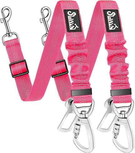 SlowTon Dog Seatbelt, 2 Pack Dog Seat Belt Car Leash Adjustable Elastic Bungee Buffer Heavy Duty Nylon Reflective Pet Safety Tether Connect to Dog Harness for Travel Riding in Vehicle (Daul Clip, B) in Kuwait