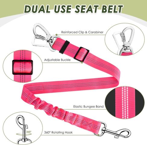 SlowTon Dog Seatbelt, 2 Pack Dog Seat Belt Car Leash Adjustable Elastic Bungee Buffer Heavy Duty Nylon Reflective Pet Safety Tether Connect to Dog Harness for Travel Riding in Vehicle (Daul Clip, B) in Kuwait