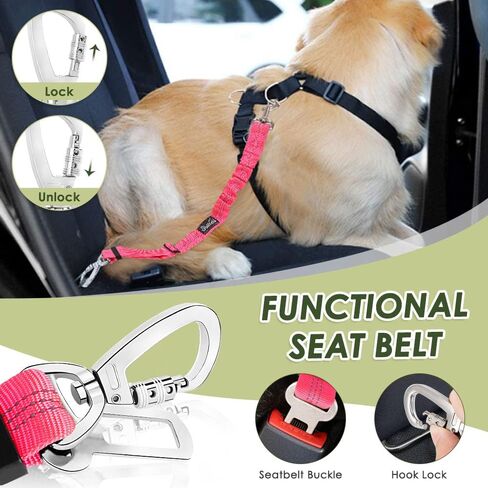 SlowTon Dog Seatbelt, 2 Pack Dog Seat Belt Car Leash Adjustable Elastic Bungee Buffer Heavy Duty Nylon Reflective Pet Safety Tether Connect to Dog Harness for Travel Riding in Vehicle (Daul Clip, B) in Kuwait