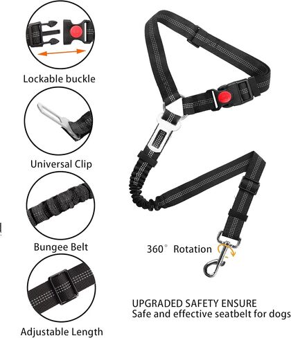 YAOHDAO Dog Seat Belt Harness for Car, Restraint Adjustable with Elastic Bungee Buffer Headrest for Vehicle, 360° Swivel Carabiner Nylon Pet Safety Seat Belts Heavy Duty Car Harness for Dogs (Black) in Saudi Arabia