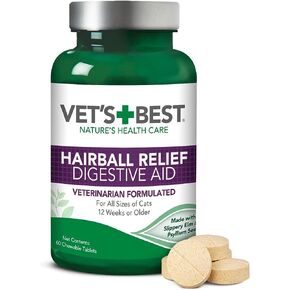 Vet’s Best Cat Hairball Relief Digestive Aid, Vet Formulated Hairball Support Remedy, Classic Chicken Flavor, 180 Chewable Tablets