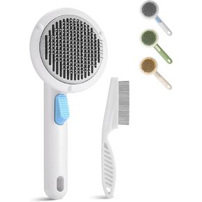 Cat Hair Brush with Release Button, RIFNEEIM Pet Self Cleaning Slicker Brush for Shedding and Grooming, Mats Tangled Hair Shedding Brush with Cat Flea Comb White