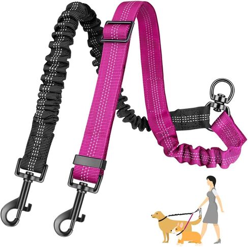 Two Dog Lead, 2 in 1 Upgraded Double Dog Leash Attachment Combine Adjustable Strap and Shock Absorbing Bungee No Tangle Dual Training Splitter for Different Size Dogs in Kuwait