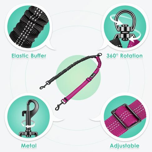 Two Dog Lead, 2 in 1 Upgraded Double Dog Leash Attachment Combine Adjustable Strap and Shock Absorbing Bungee No Tangle Dual Training Splitter for Different Size Dogs in Kuwait