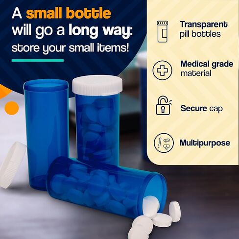 توب كلاس فانتشيرز زجاجات حبوب الدواء الفارغة مع ملصقات وأغطية 15 عبوة من زجاجات حبوب الدواء الزرقاء مع أغطية سهلة الفتح 8 زجاجات دواء منظم دواء، أساسيات السفر، حاوية حرفية، تخزين الخرز in Kuwait
