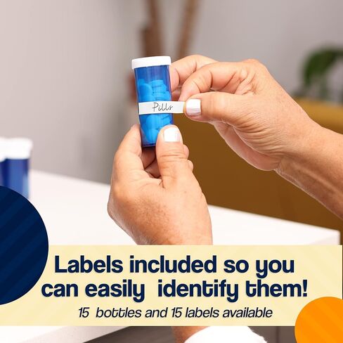 توب كلاس فانتشيرز زجاجات حبوب الدواء الفارغة مع ملصقات وأغطية 15 عبوة من زجاجات حبوب الدواء الزرقاء مع أغطية سهلة الفتح 8 زجاجات دواء منظم دواء، أساسيات السفر، حاوية حرفية، تخزين الخرز in Kuwait