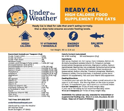 Under The Weather Pet | Ready Cal for Cats 100cc | High Calorie Supplement | Cat Weight Gainer and High Calorie Booster | 10 Vitamins, 7 Minerals & Omega Fatty Acids (for Cats 100cc) in Kuwait