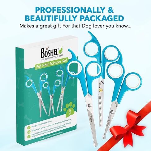 BOSHEL 2 Pc Dog Grooming Scissors for Dogs at Home, Dog Scissors for Grooming with Safety Round Tips, Professional Dog Grooming Scissors Set, Pet Grooming Shears Set for Dogs & Cats, Pet Scissors Kit in Kuwait