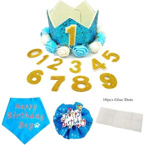 PET SHOW Pink Crown Dog Birthday Party Hat for Girls Reusable Birthday Party Cat Kitten Headband with 0-9 Figures Charms Grooming Accessories with Glue Pack of 1