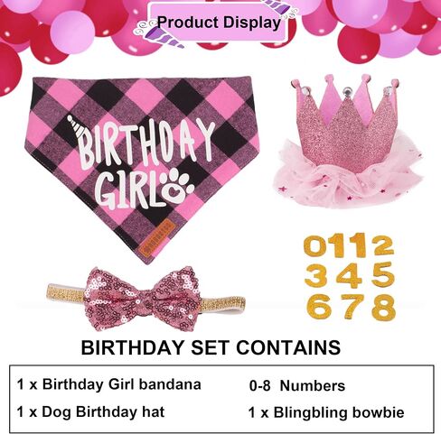 ADOGGYGO Dog Birthday Hat Bandana Set, Pink Plaid Girl Dog Bandana, Large in Kuwait