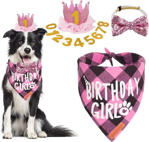 ADOGGYGO Dog Birthday Hat Bandana Set, Pink Plaid Girl Dog Bandana, Large in Kuwait