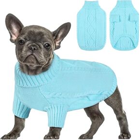 Queenmore Small Dog Pullover Sweater, Cold Weather Cable Knitwear, Classic Turtleneck Thick Warm Clothes for Chihuahua, Bulldog, Dachshund, Pug, Yorkie (Green, Small)