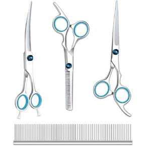 Maxshop Dog Grooming Scissors with Safety Round Tips, Heavy Duty Titanium Pet Grooming Trimmer Kit, Professional Thinning Shears, Curved Scissors with Comb for Dogs and Cats (Set of 3) in Kuwait