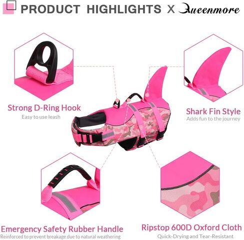 Queenmore Dog Life Jacket Ripstop Dog Safety Vest Adjustable Preserver with High Buoyancy and Durable Rescue Handle for Small,Medium,Large Dogs, Grey Shark Medium in Kuwait