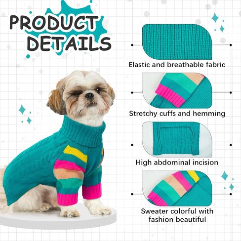 Small Dog Sweater, Turtleneck Pullover with Sleeves, Green S in Kuwait