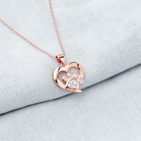 BEKECH Pet Lover Gifts Paw Print Necklace Cubic Zirconia Puppy Dog Cat Pet Paw Print Love Heart Pendant Necklace for Women in Kuwait