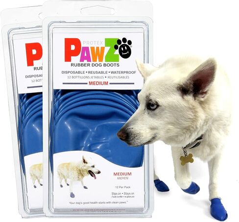 PawZ Rubber Dog Boots for Paws up to 3", 24 Total (2 Packs of 12) - All-Weather Dog Booties for Hot Pavement, Snow, Mud, and Rain - Waterproof, Anti Slip Dog Socks - Medium, Blue in Saudi Arabia