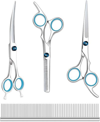 Maxshop Dog Grooming Scissors with Safety Round Tips, Heavy Duty Titanium Pet Grooming Trimmer Kit, Professional Thinning Shears, Curved Scissors with Comb for Dogs and Cats (Set of 3) in Kuwait