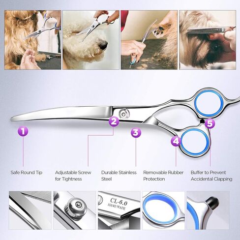 Maxshop Dog Grooming Scissors with Safety Round Tips, Heavy Duty Titanium Pet Grooming Trimmer Kit, Professional Thinning Shears, Curved Scissors with Comb for Dogs and Cats (Set of 3) in Kuwait