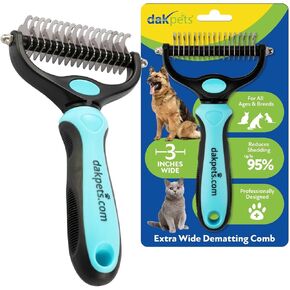 DakPets Dematting Rake for Dogs - Double Row Undercoat Rake for Dogs - Cat Brush & Deshedding Tool Gently Removes Loose Hair & Mats - Dog Hair Detangler & Cat Matted Fur Remover - Easy-Grip Design in Kuwait