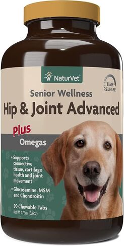 NaturVet – كبار العافية الورك والمفاصل المتقدمة بالإضافة إلى أوميغا | ساعد في دعم وظيفة الورك والمفاصل الصحية لدى حيوانك الأليف | يدعم المفاصل والغضاريف والأنسجة الضامة | 120 مضغ ناعم in Kuwait