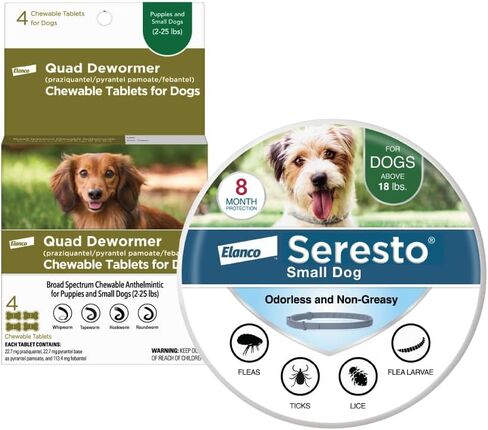 أقراص Elanco Quad Dewormer القابلة للمضغ للكلاب الصغيرة وK9 Advantix II الموصى بها من قبل الطبيب البيطري للوقاية من البراغيث والقراد والبعوض للكلاب المتوسطة | 4 قطع + 2 عبوة in Kuwait