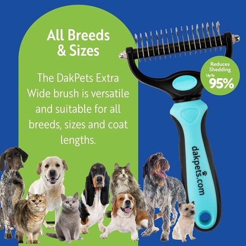 DakPets Dematting Rake for Dogs - Double Row Undercoat Rake for Dogs - Cat Brush & Deshedding Tool Gently Removes Loose Hair & Mats - Dog Hair Detangler & Cat Matted Fur Remover - Easy-Grip Design in Kuwait