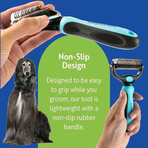 DakPets Dematting Rake for Dogs - Double Row Undercoat Rake for Dogs - Cat Brush & Deshedding Tool Gently Removes Loose Hair & Mats - Dog Hair Detangler & Cat Matted Fur Remover - Easy-Grip Design in Kuwait