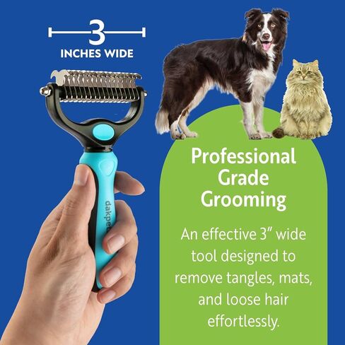 DakPets Dematting Rake for Dogs - Double Row Undercoat Rake for Dogs - Cat Brush & Deshedding Tool Gently Removes Loose Hair & Mats - Dog Hair Detangler & Cat Matted Fur Remover - Easy-Grip Design in Kuwait