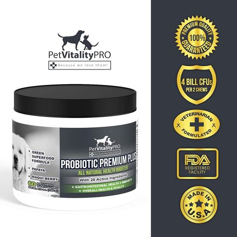 PetVitalityPRO بروبيوتيك للكلاب مع إنزيمات هضمية طبيعية ● 4 وحدات CFU/2 مضغ ناعم ● إسهال الكلاب اضطراب في المعدة غاز الخميرة رائحة الفم الكريهة حساسية المناعة حكة الجلد البقع الساخنة 60 قطعة in Saudi Arabia
