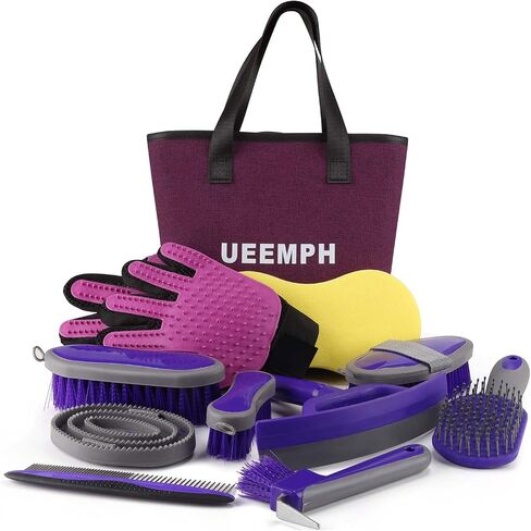 Horse Grooming Kit (12-Piece): Brushes, Storage Bag, Sweat Scraper, Mane Comb, Grooming Gloves - Purple Horse Gifts for Girls in Saudi Arabia