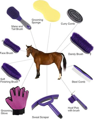 Horse Grooming Kit (12-Piece): Brushes, Storage Bag, Sweat Scraper, Mane Comb, Grooming Gloves - Purple Horse Gifts for Girls in Saudi Arabia