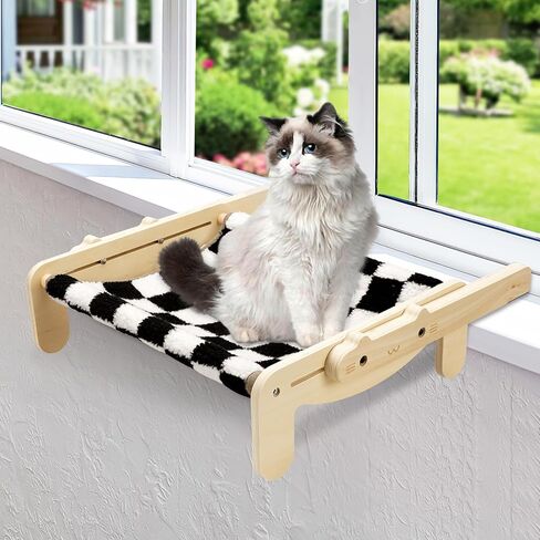 مجثم للقطط على عتبة النافذة، مقعد نافذة ارجوحة للقطط مع اطار خشبي ومعدني للقطط الكبيرة في الاماكن المغلقة، رف نافذة متين قابل للتعديل، بدون اكواب شفط لسرير القطط للنافذة وجانب السرير والدرج والخزانة in Kuwait