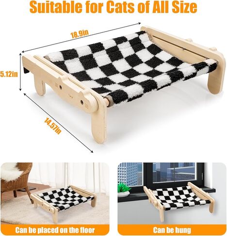 مجثم للقطط على عتبة النافذة، مقعد نافذة ارجوحة للقطط مع اطار خشبي ومعدني للقطط الكبيرة في الاماكن المغلقة، رف نافذة متين قابل للتعديل، بدون اكواب شفط لسرير القطط للنافذة وجانب السرير والدرج والخزانة in Kuwait