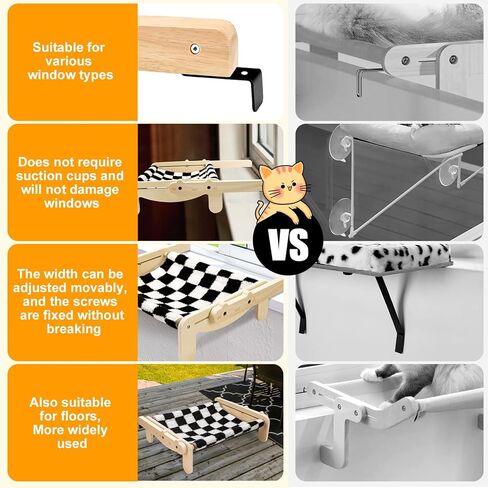 مجثم للقطط على عتبة النافذة، مقعد نافذة ارجوحة للقطط مع اطار خشبي ومعدني للقطط الكبيرة في الاماكن المغلقة، رف نافذة متين قابل للتعديل، بدون اكواب شفط لسرير القطط للنافذة وجانب السرير والدرج والخزانة in Kuwait