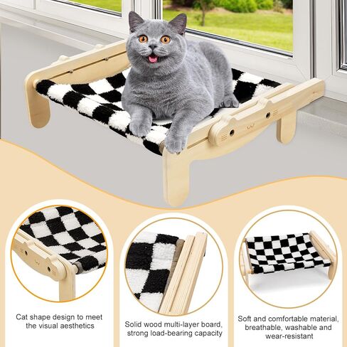 مجثم للقطط على عتبة النافذة، مقعد نافذة ارجوحة للقطط مع اطار خشبي ومعدني للقطط الكبيرة في الاماكن المغلقة، رف نافذة متين قابل للتعديل، بدون اكواب شفط لسرير القطط للنافذة وجانب السرير والدرج والخزانة in Kuwait